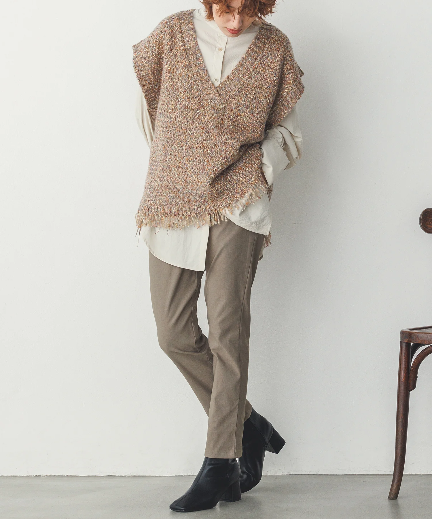 ラメ混フリンジニットベスト