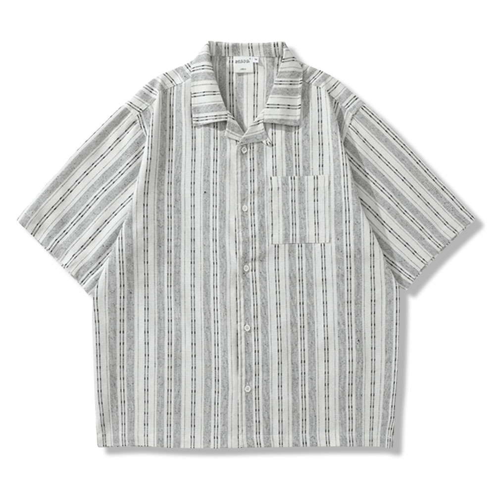 リネンストライプ開襟シャツ 半袖