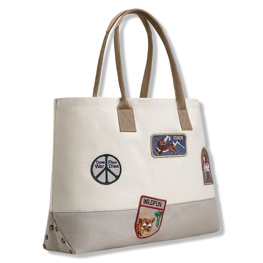 レトロ風刺繍ワッペン付き 　バイカラーキャンバストートバッグ