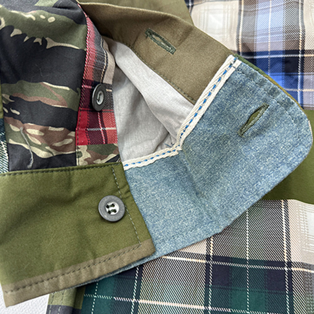 カモフラ＆チェック柄プリント長袖ワークシャツ