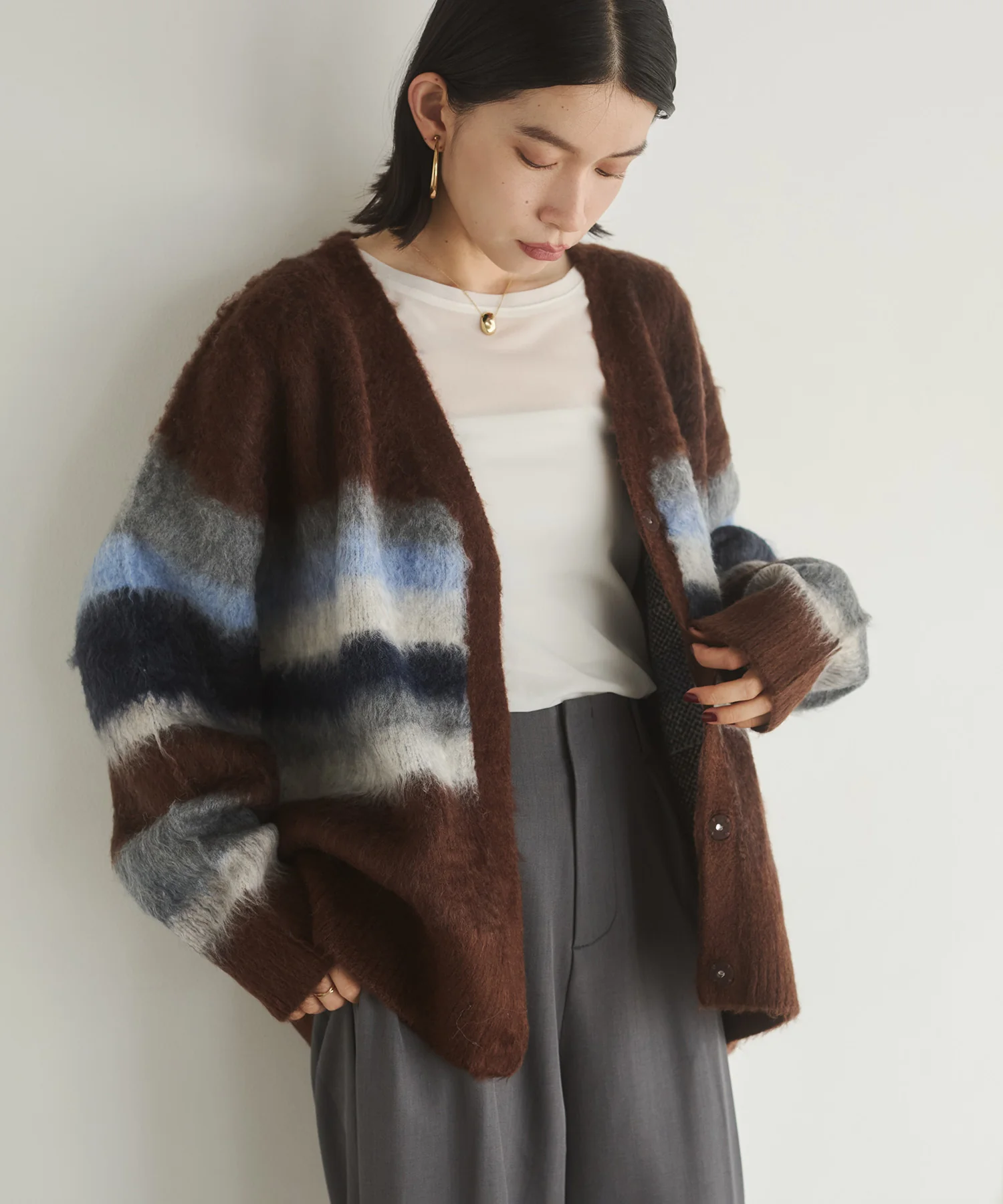 起毛シャギー ボーダーニットカーディガン