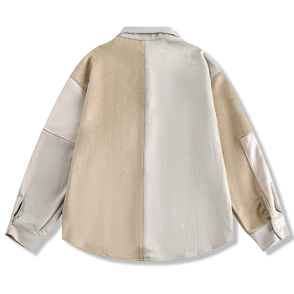 不規則なスエード配色切り替えパッチワーク長袖シャツ