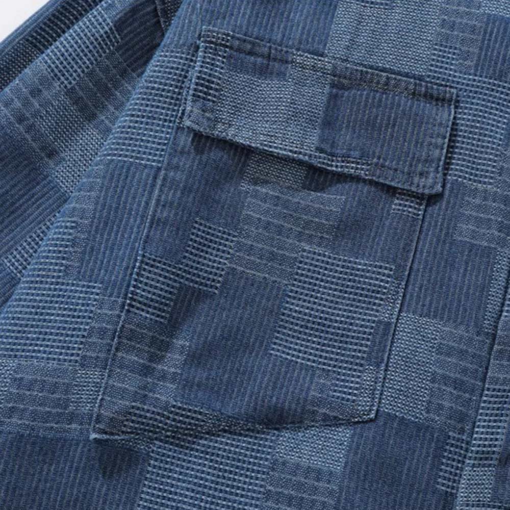 藍染めパッチワーク長袖デニムシャツ