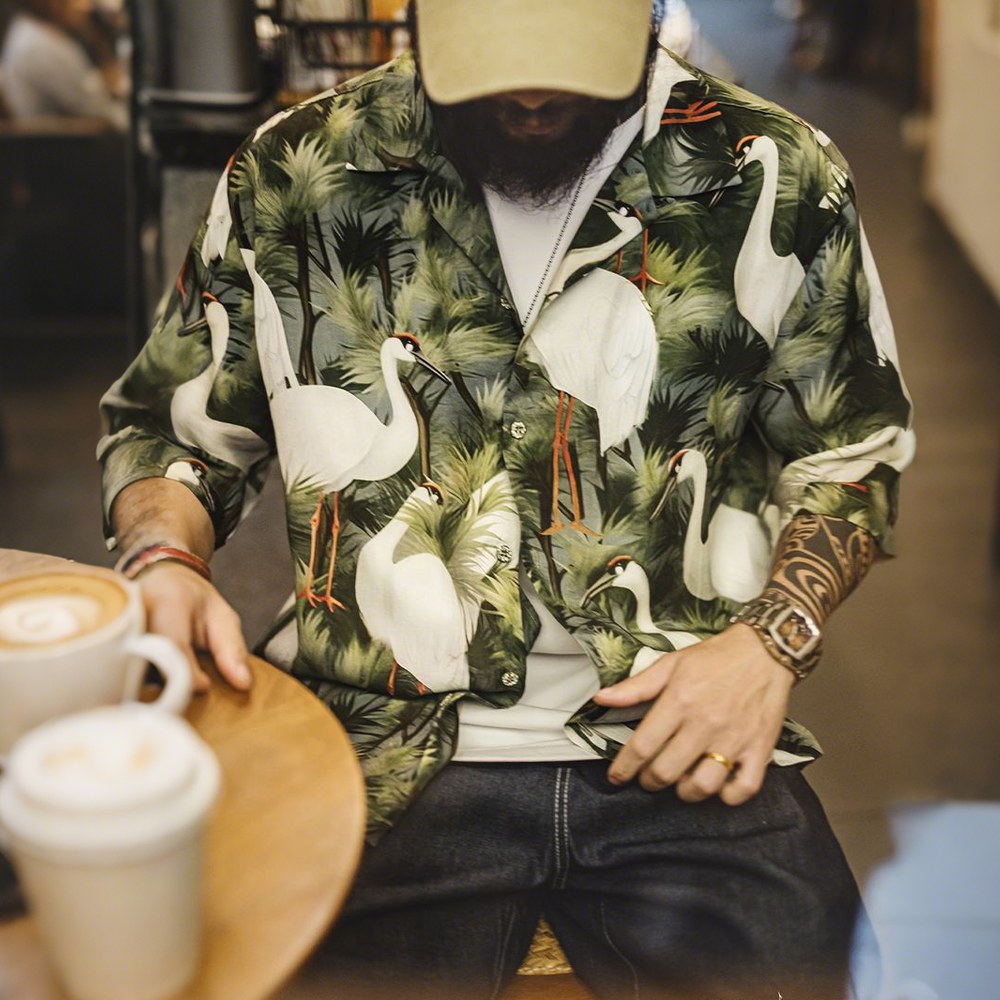 「松と鶴」プリント　シワ防止接触冷感開襟シャツ