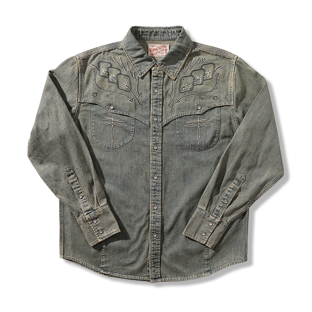 アメカジ刺繍ウォッシュデニムシャツ長袖