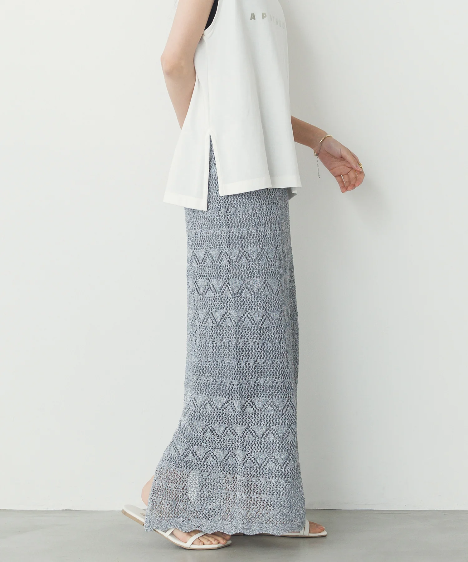 ペーパーヤーン 透かし編み ニットナロースカート