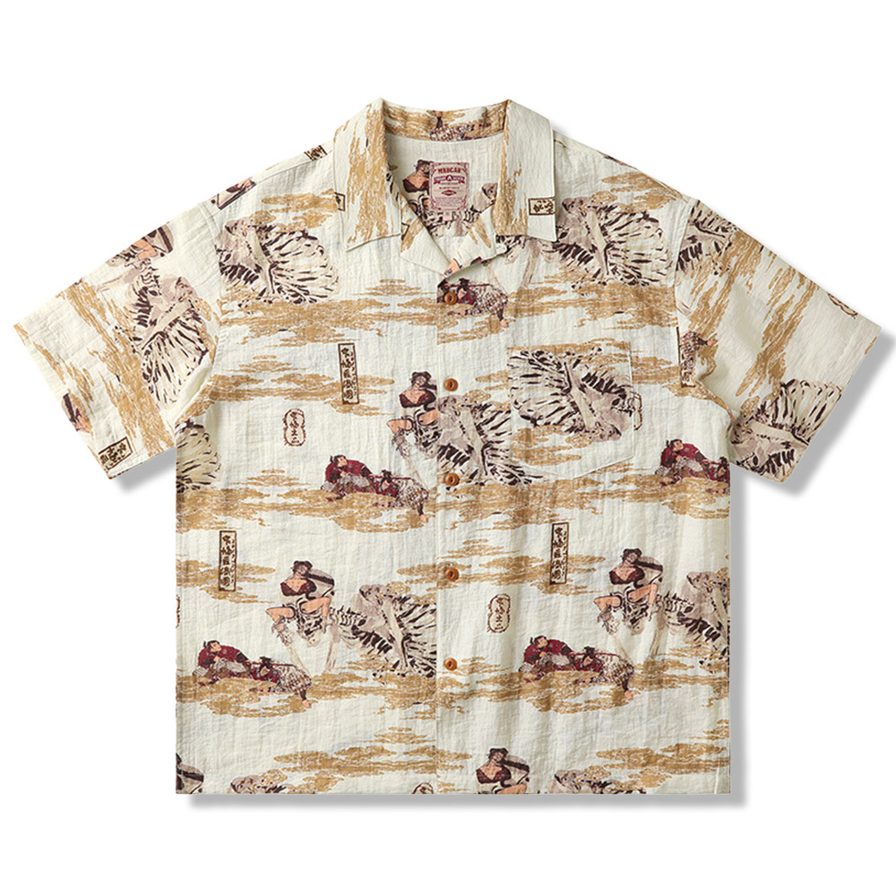 リネン混紡　浮世絵「侍の骸骨」総柄キューバシャツ