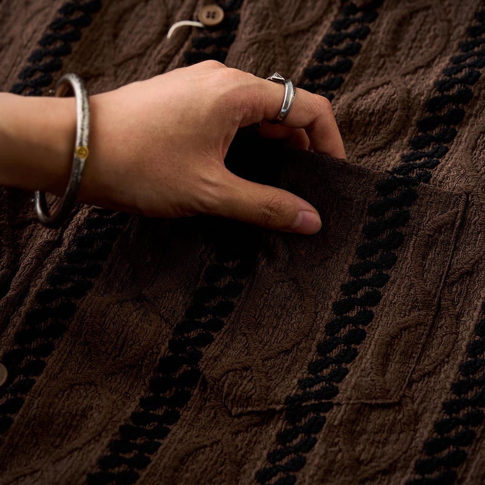 レトロエスニック調ジャカード　ストライプ長袖シャツ