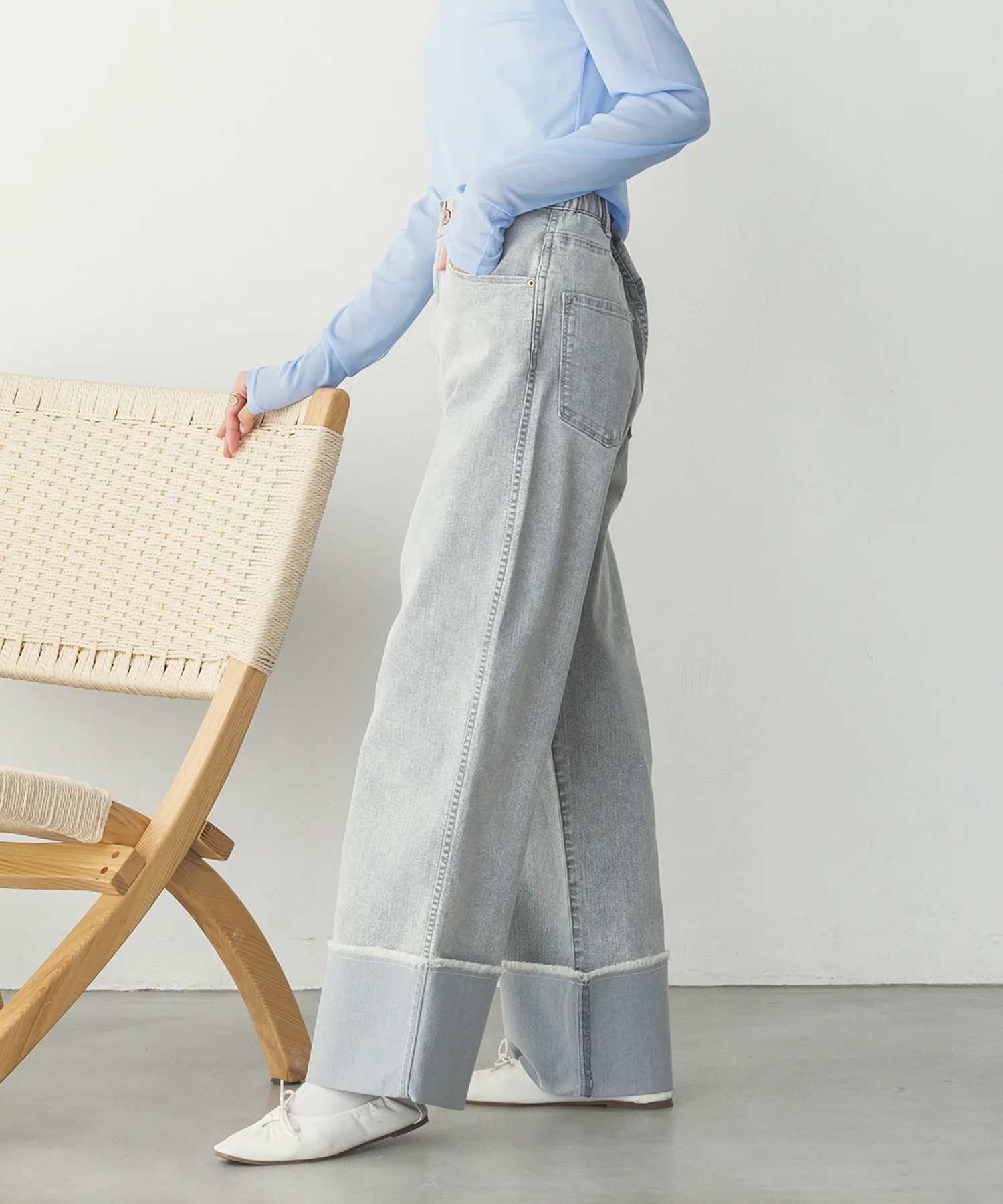 ロールアップ ワイドストレートデニムパンツ