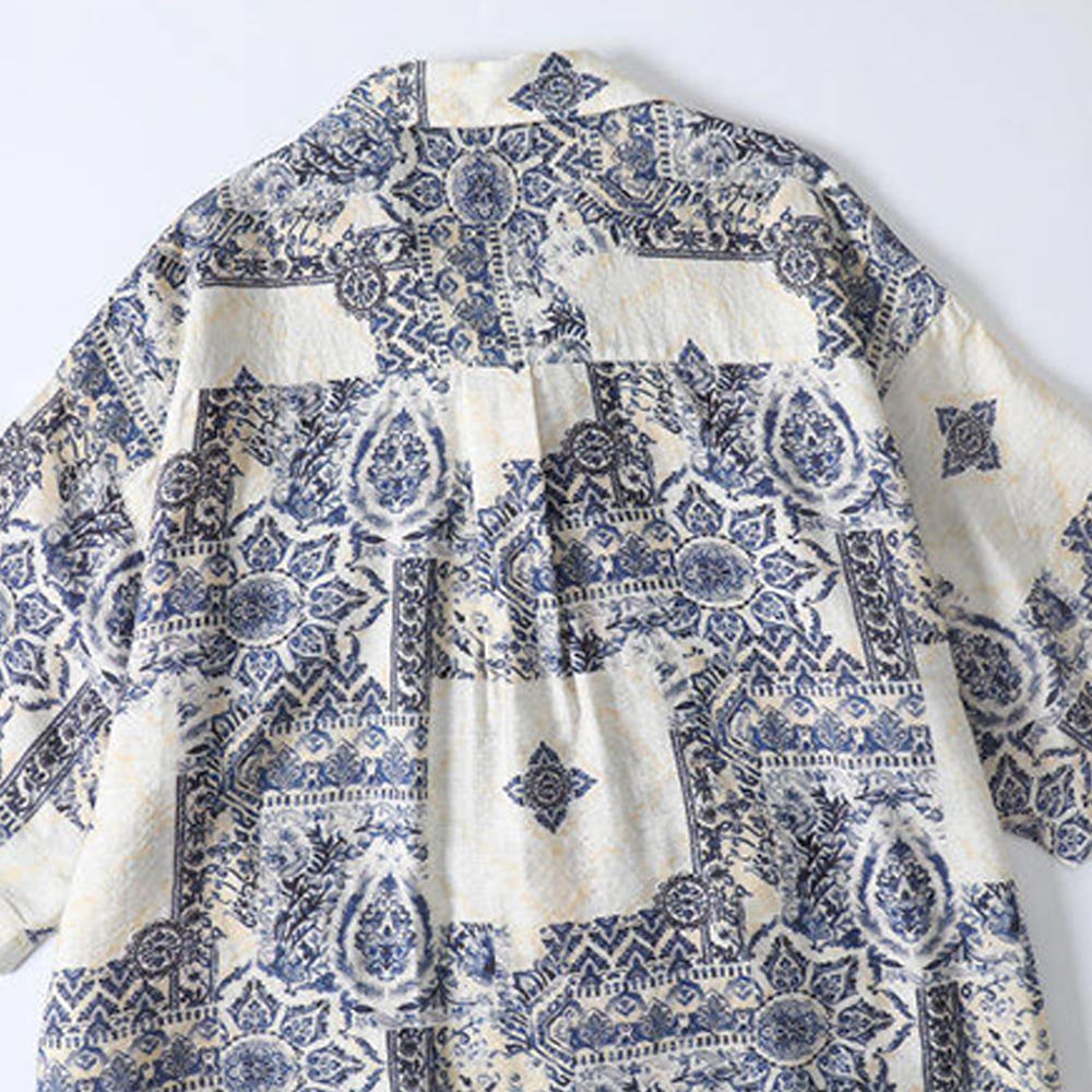 青花磁器ブルートーンプリントリネン風開襟シャツ