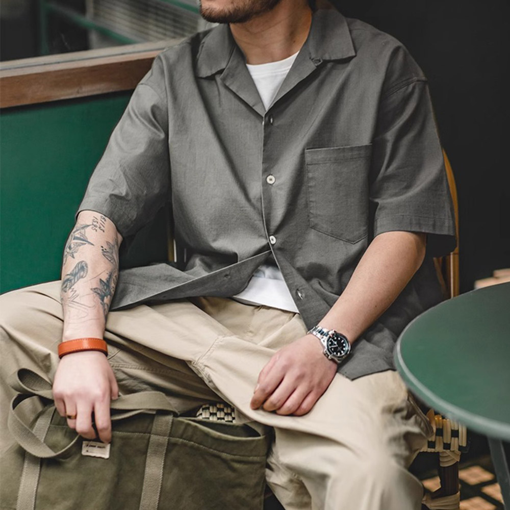 ミニマル　リネン調無地コットンシャツ半袖