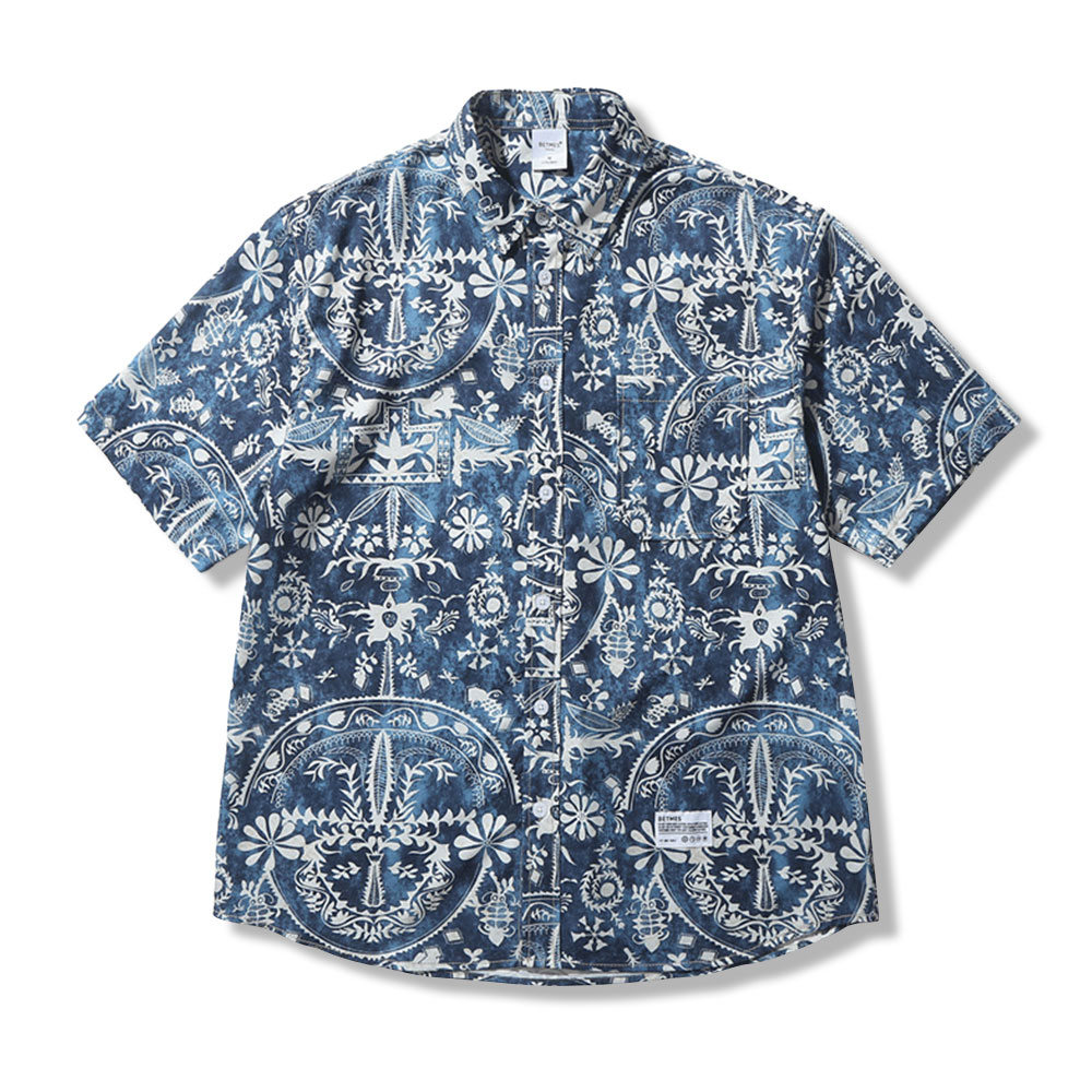 レトロ風プリントメンズ夏シャツ半袖