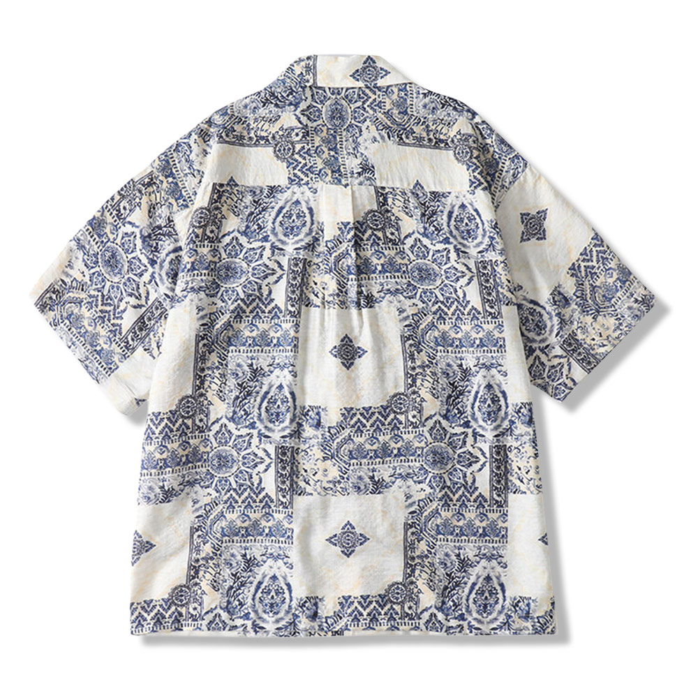 青花磁器ブルートーンプリントリネン風開襟シャツ