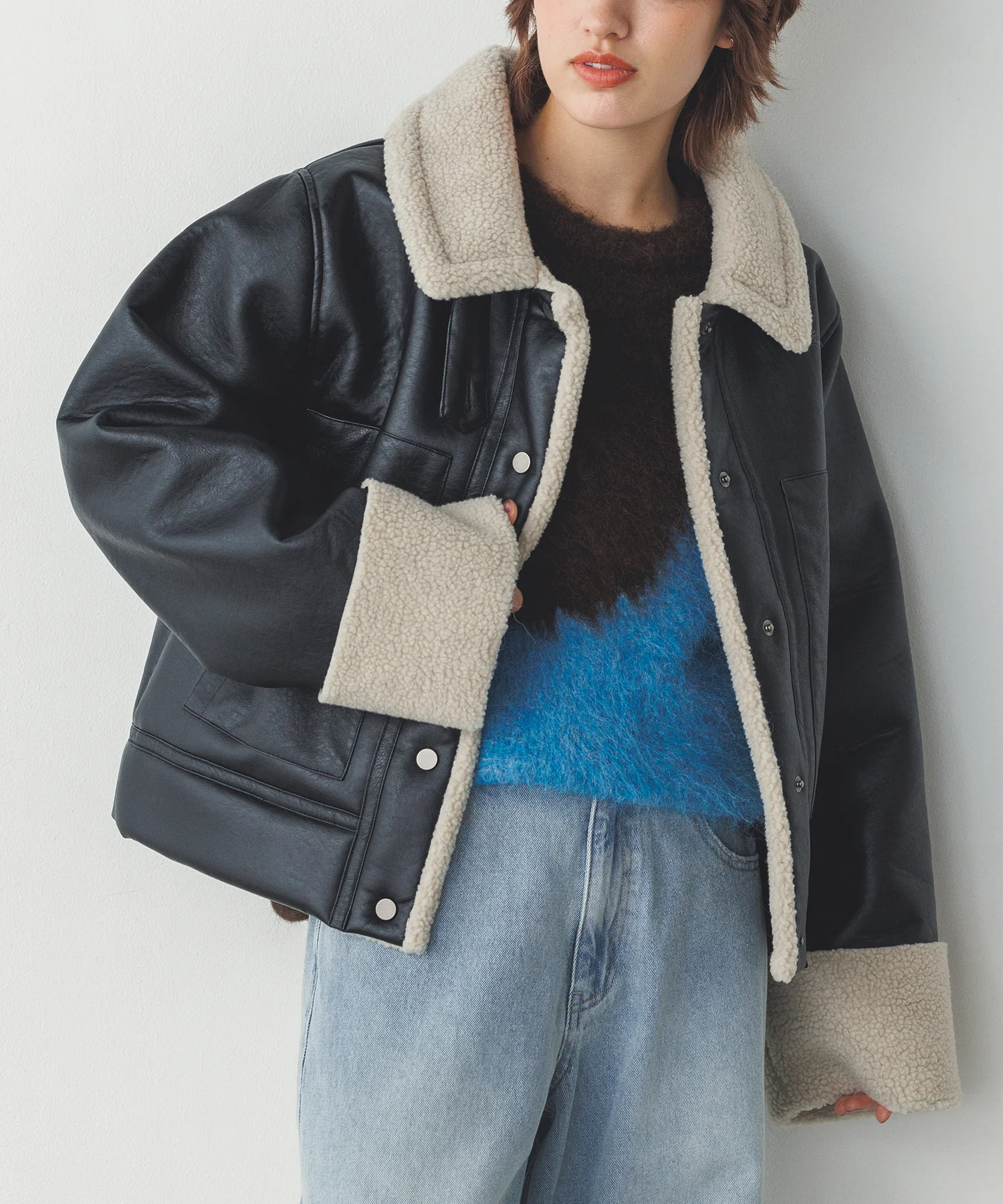 フェイクレザー×ボア ブルゾン