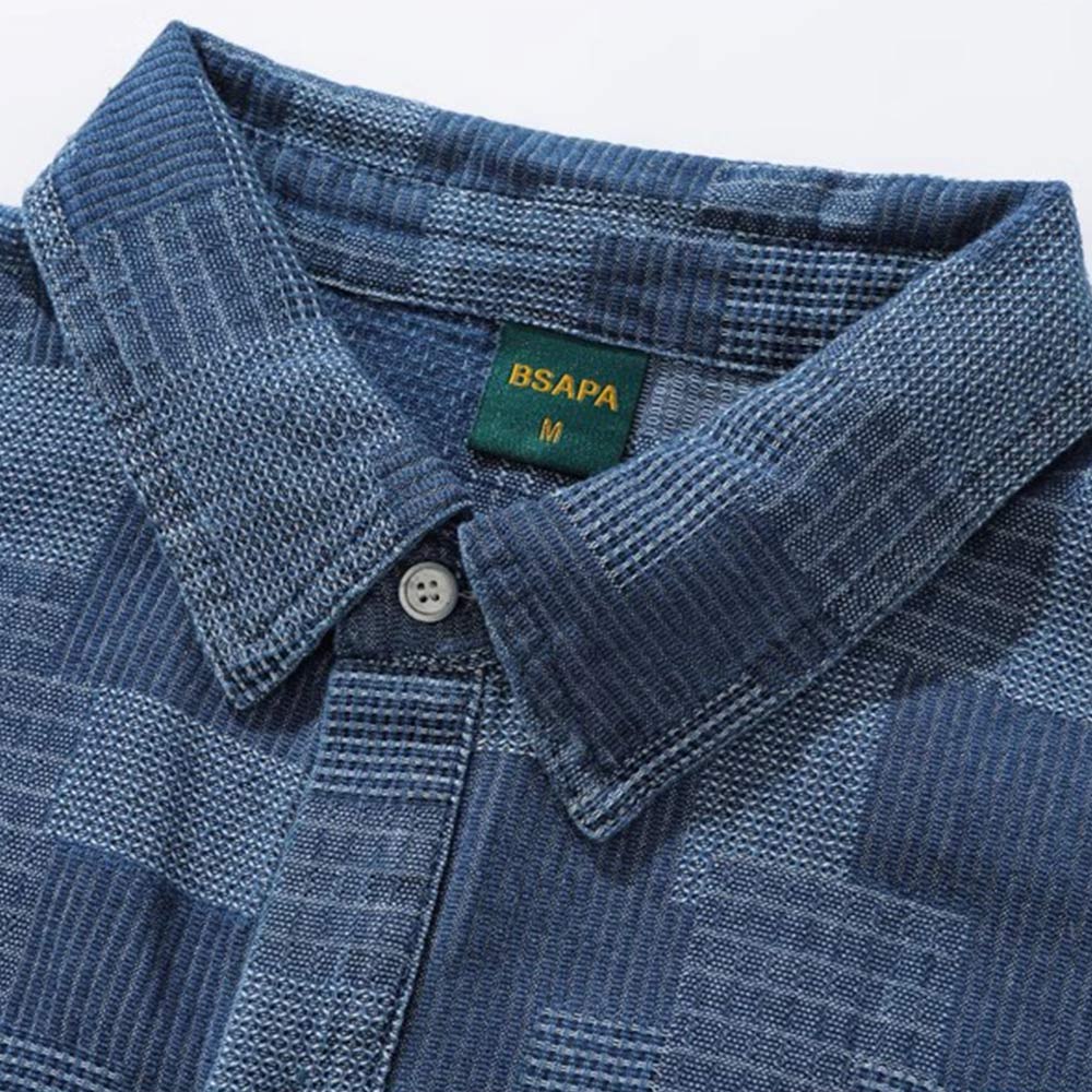 藍染めパッチワーク長袖デニムシャツ