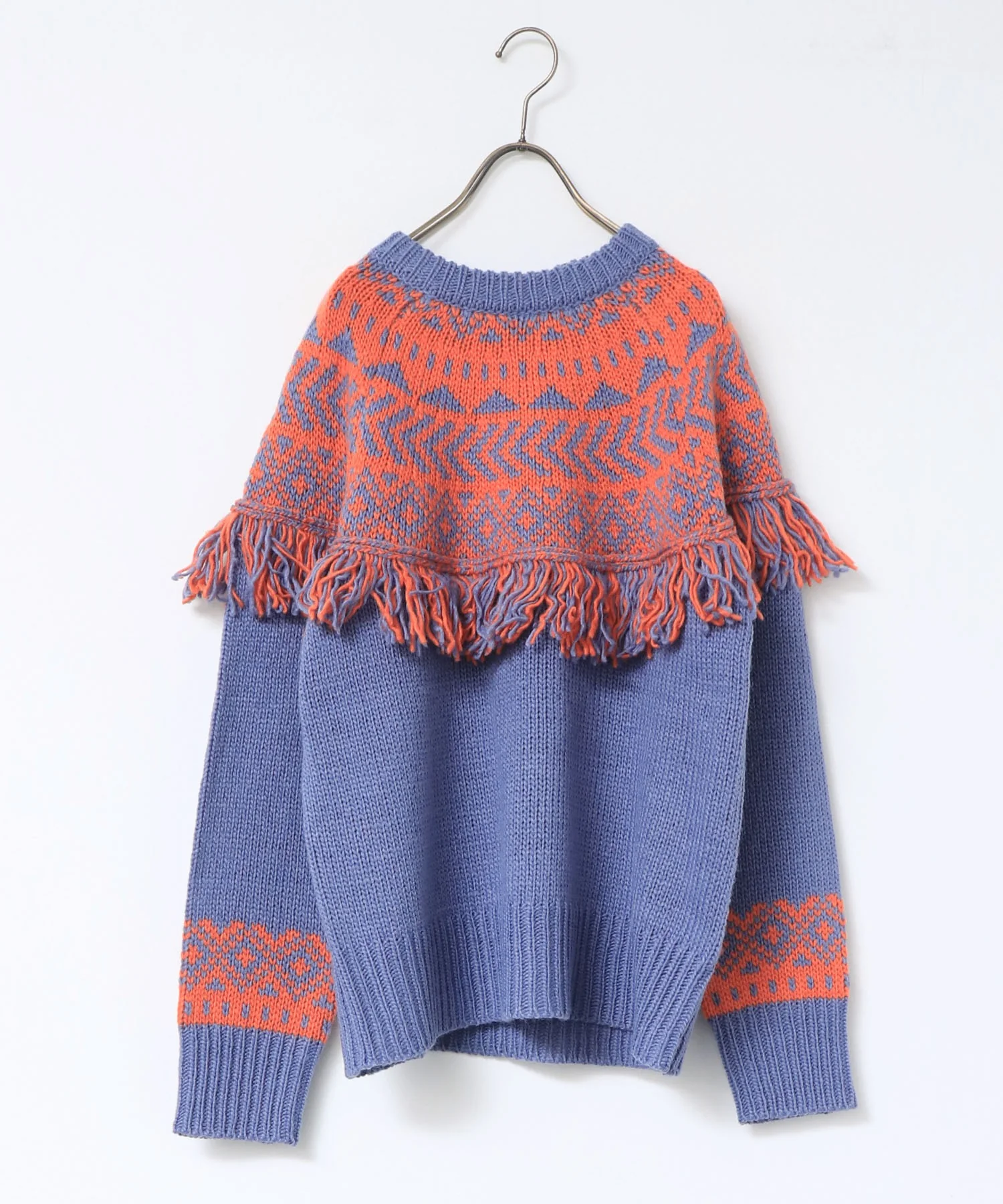 ロービングジャカードフリンジニット | 秋冬 長袖 クルーネック ウール