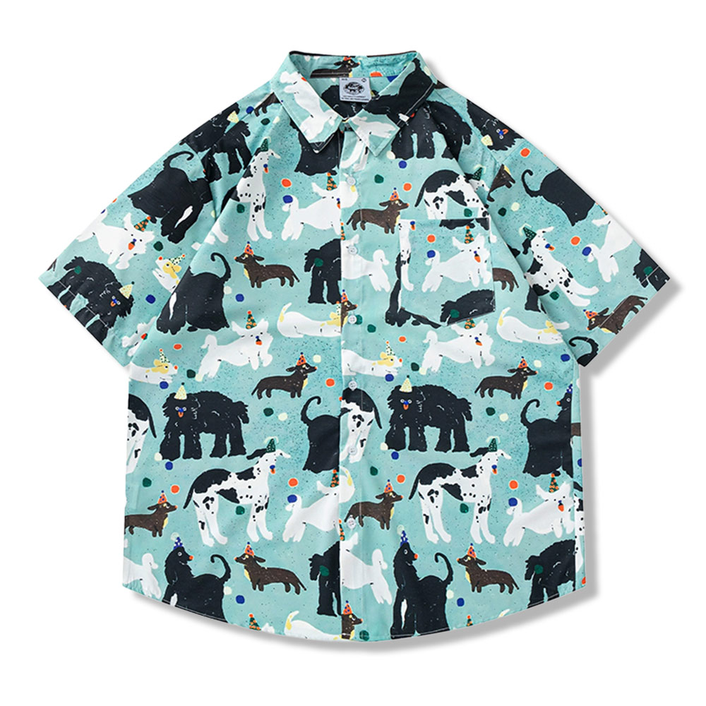 原宿風　犬総柄プリント半袖シャツ