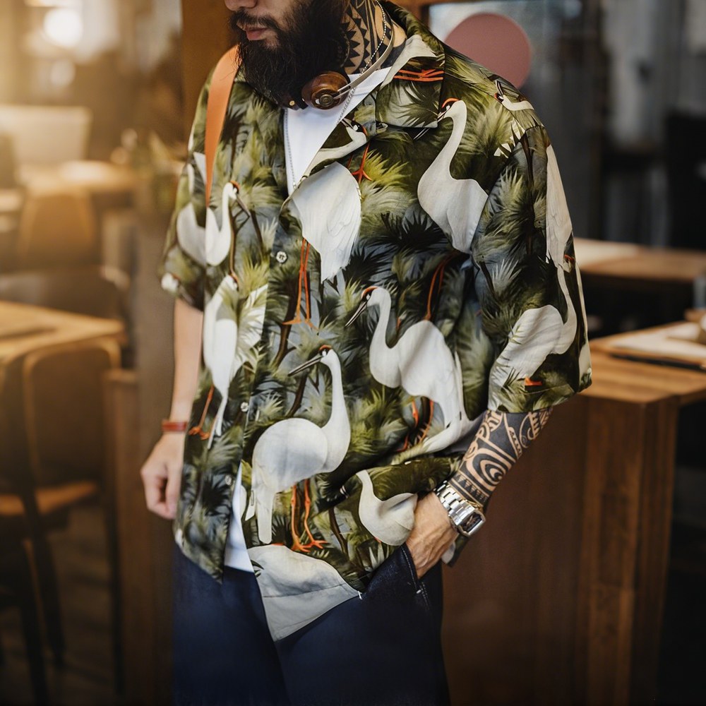 「松と鶴」プリント　シワ防止接触冷感開襟シャツ