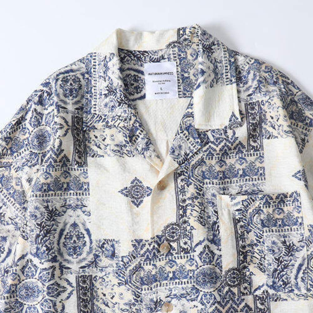 青花磁器ブルートーンプリントリネン風開襟シャツ