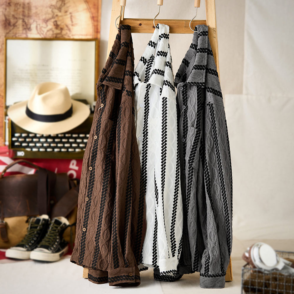 レトロエスニック調ジャカード　ストライプ長袖シャツ