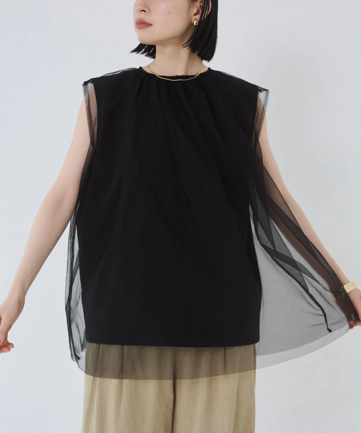 【接触冷感】チュールレイヤードトップス