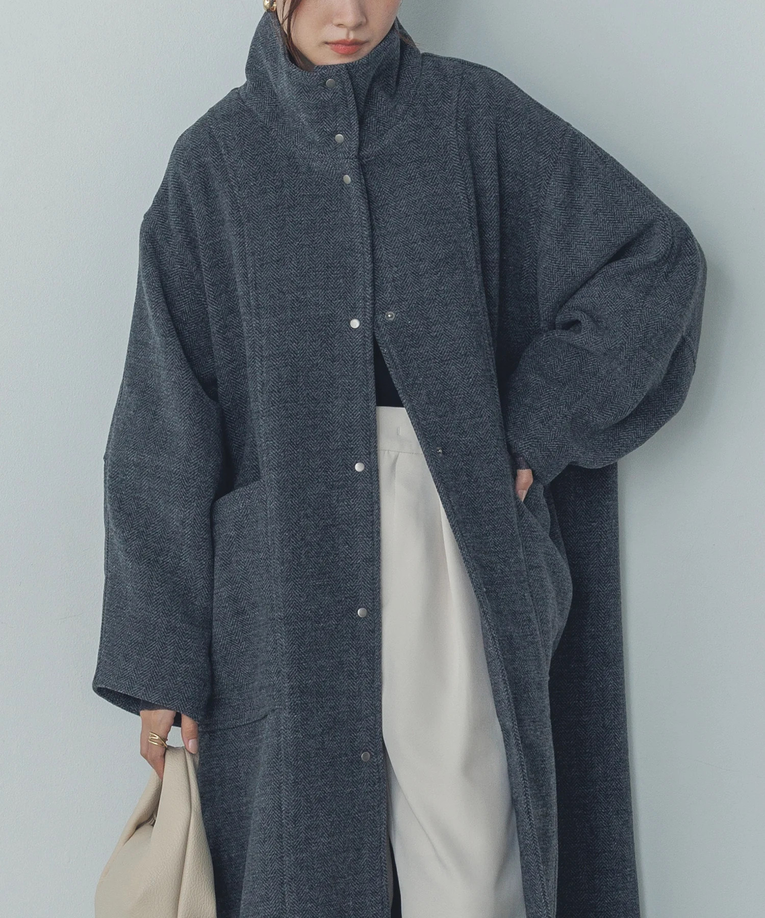 杢ヘリンボーン スタンドカラーコート