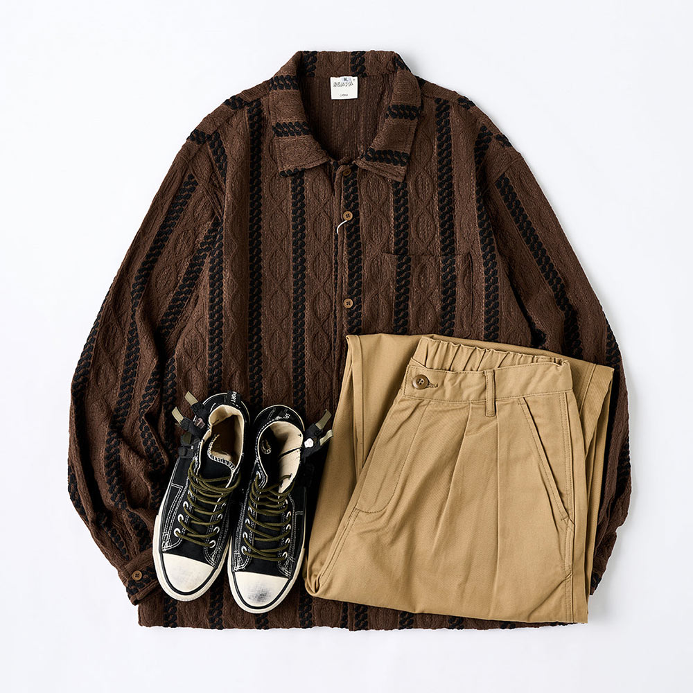 レトロエスニック調ジャカード　ストライプ長袖シャツ