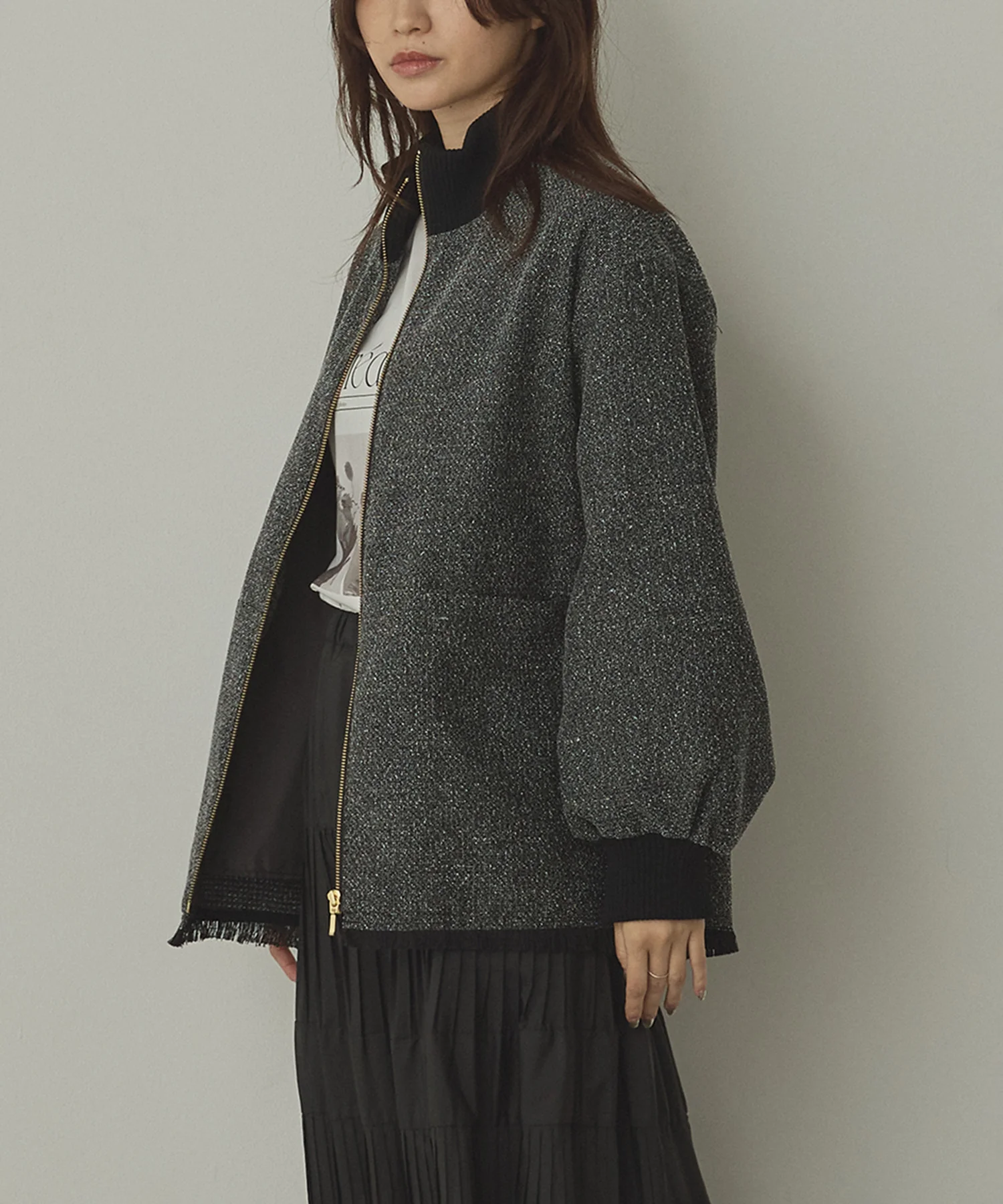 スタンドカラー ツィードブルゾン