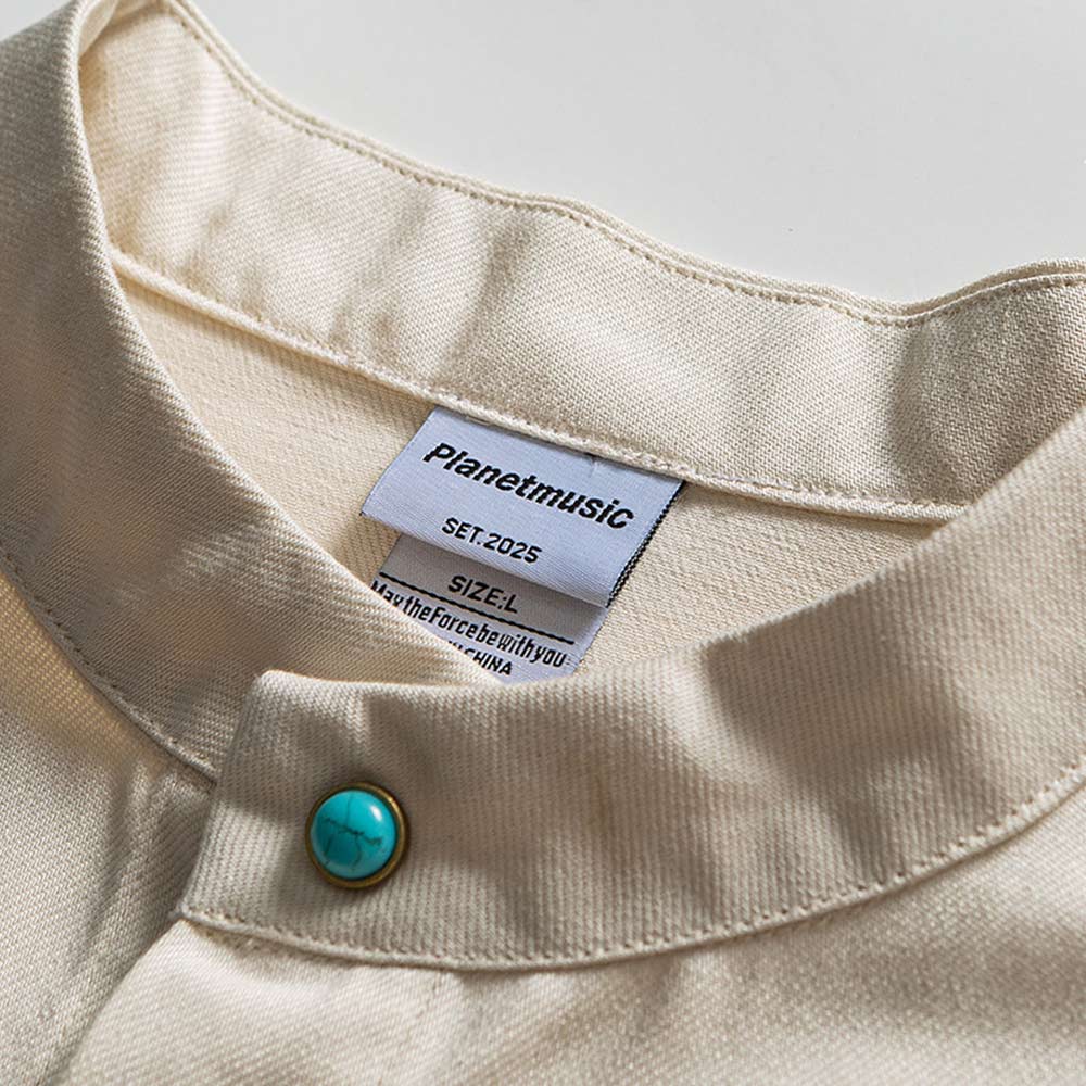 レトロスタンドカラー　ターコイズボタン付きワークシャツ