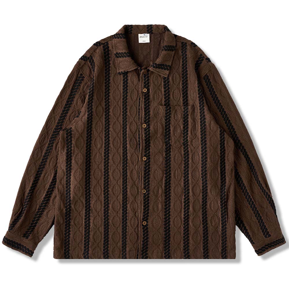 レトロエスニック調ジャカード　ストライプ長袖シャツ