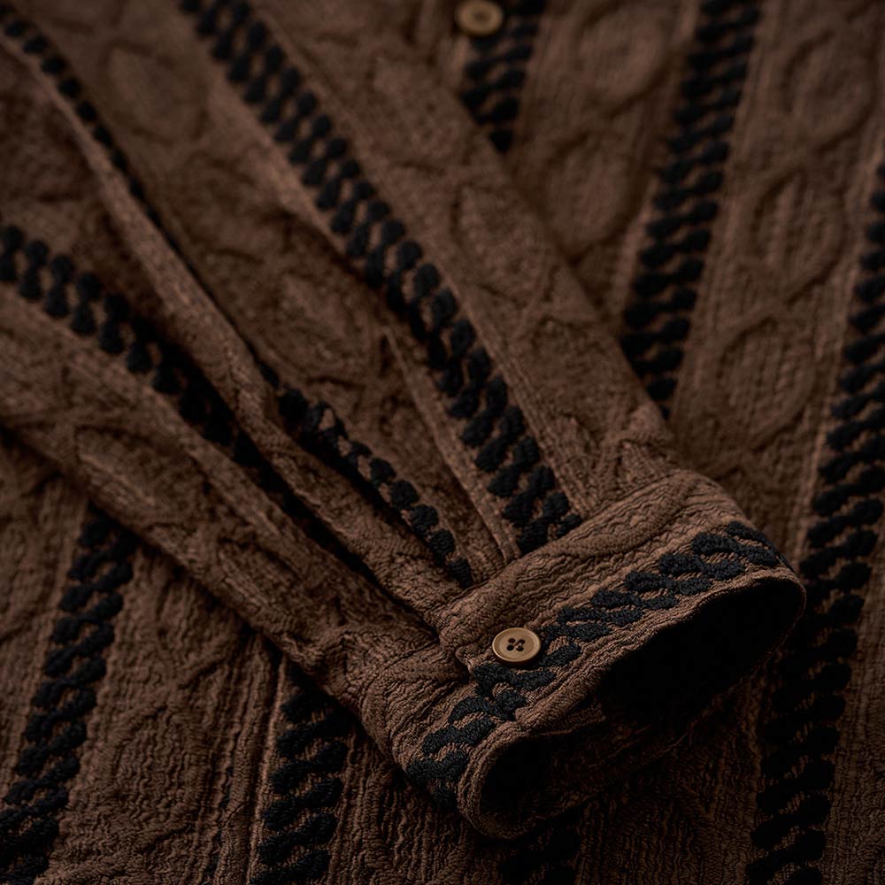 レトロエスニック調ジャカード　ストライプ長袖シャツ