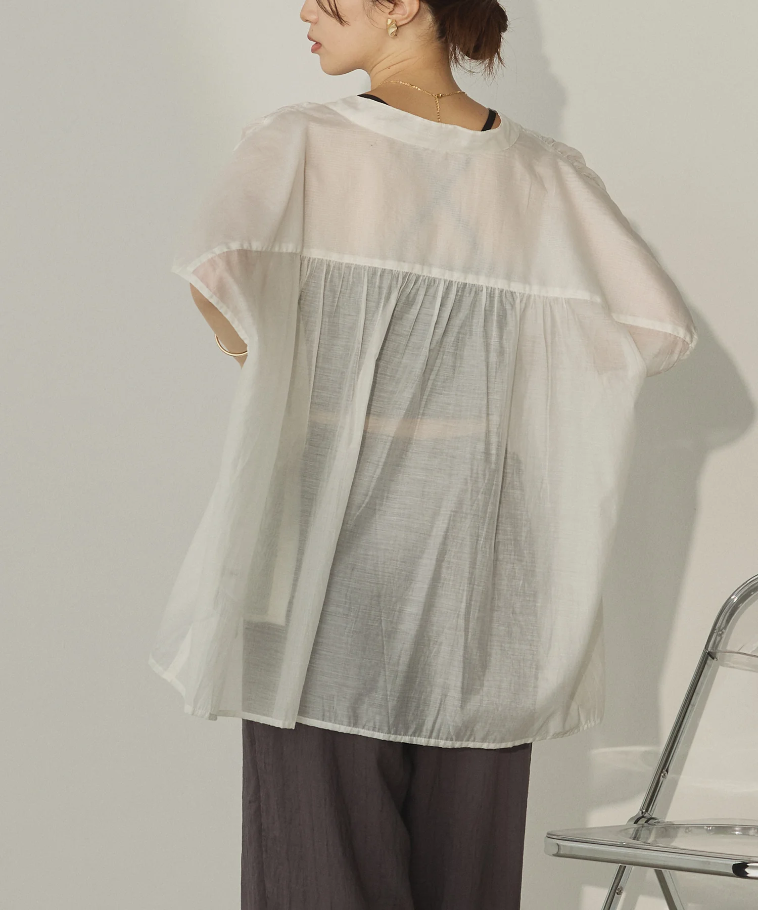 バンドカラー フレンチスリーブブラウス