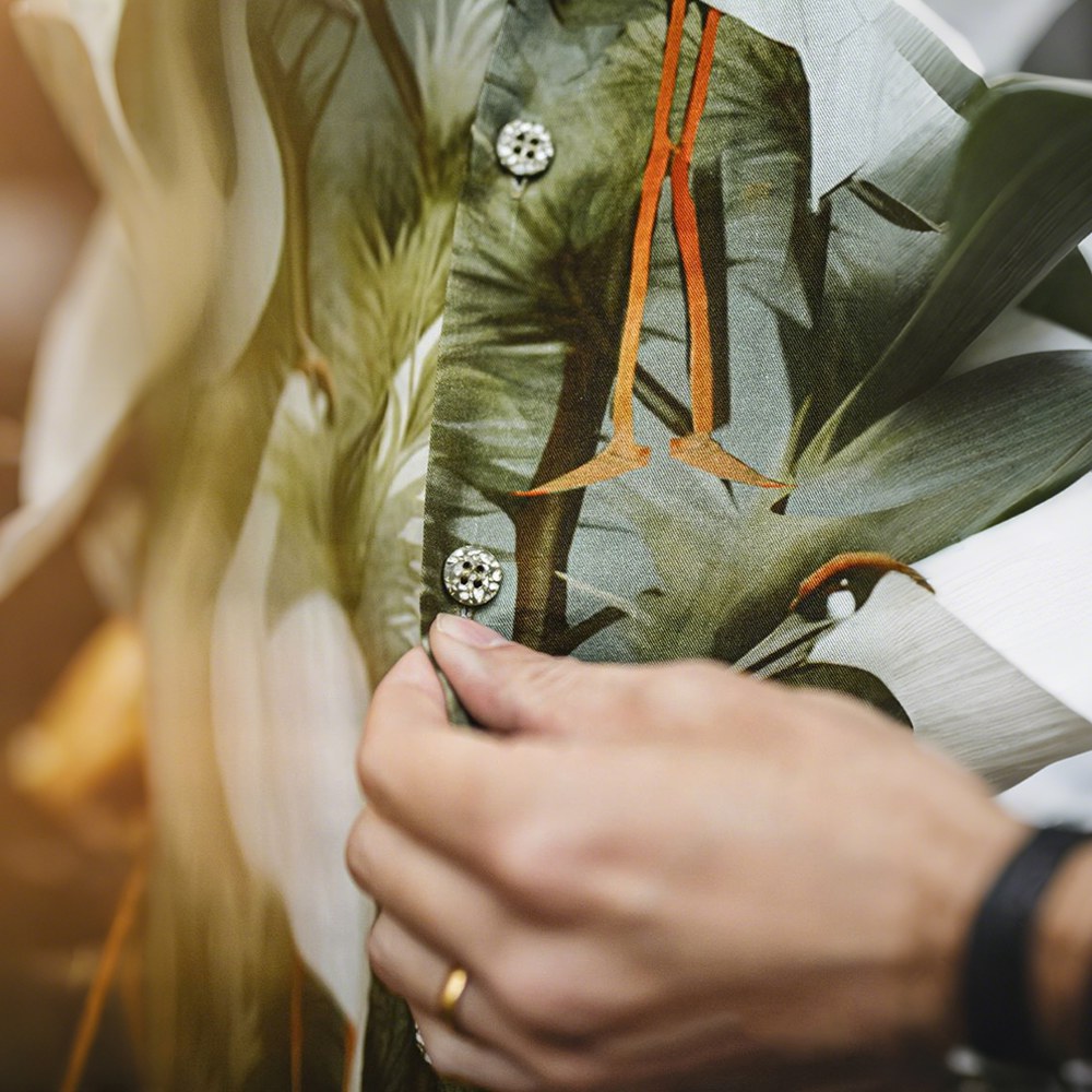 「松と鶴」プリント　シワ防止接触冷感開襟シャツ