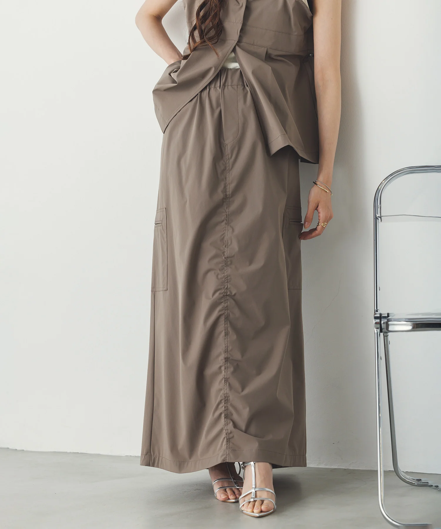 【接触冷感】シャーリング カーゴスカート