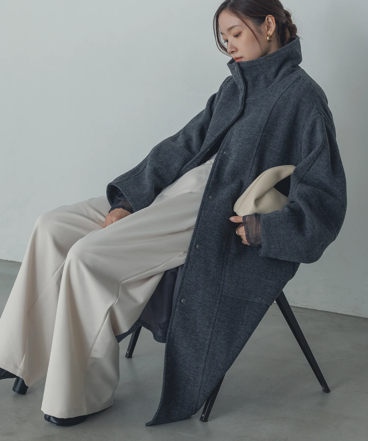 杢ヘリンボーン スタンドカラーコート