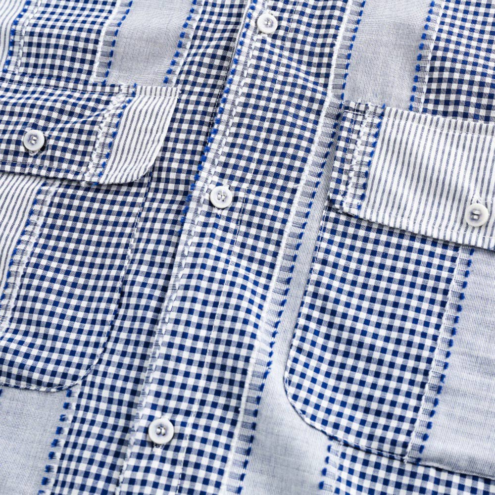 アメカジ　チェック柄パッチワーク長袖シャツ