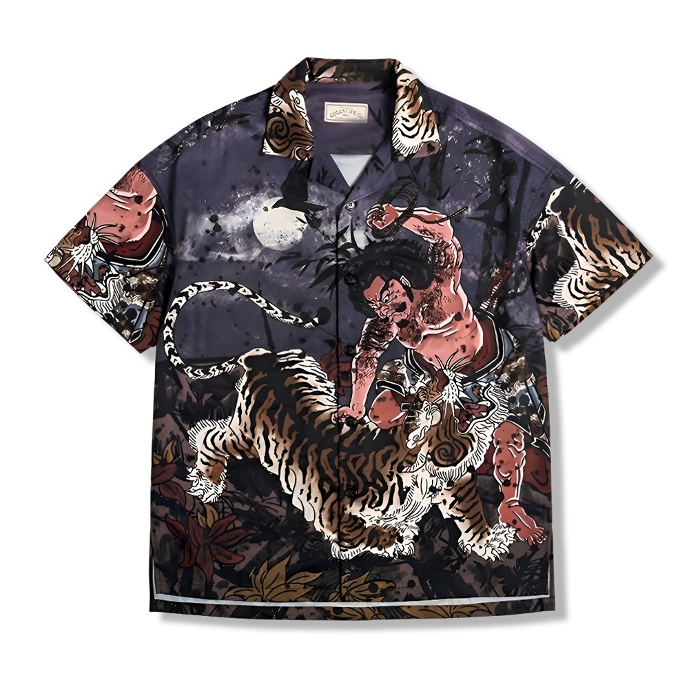 「水滸伝・武松の虎退治」浮世絵タッチ クールタッチキューバカラーシャツ半袖