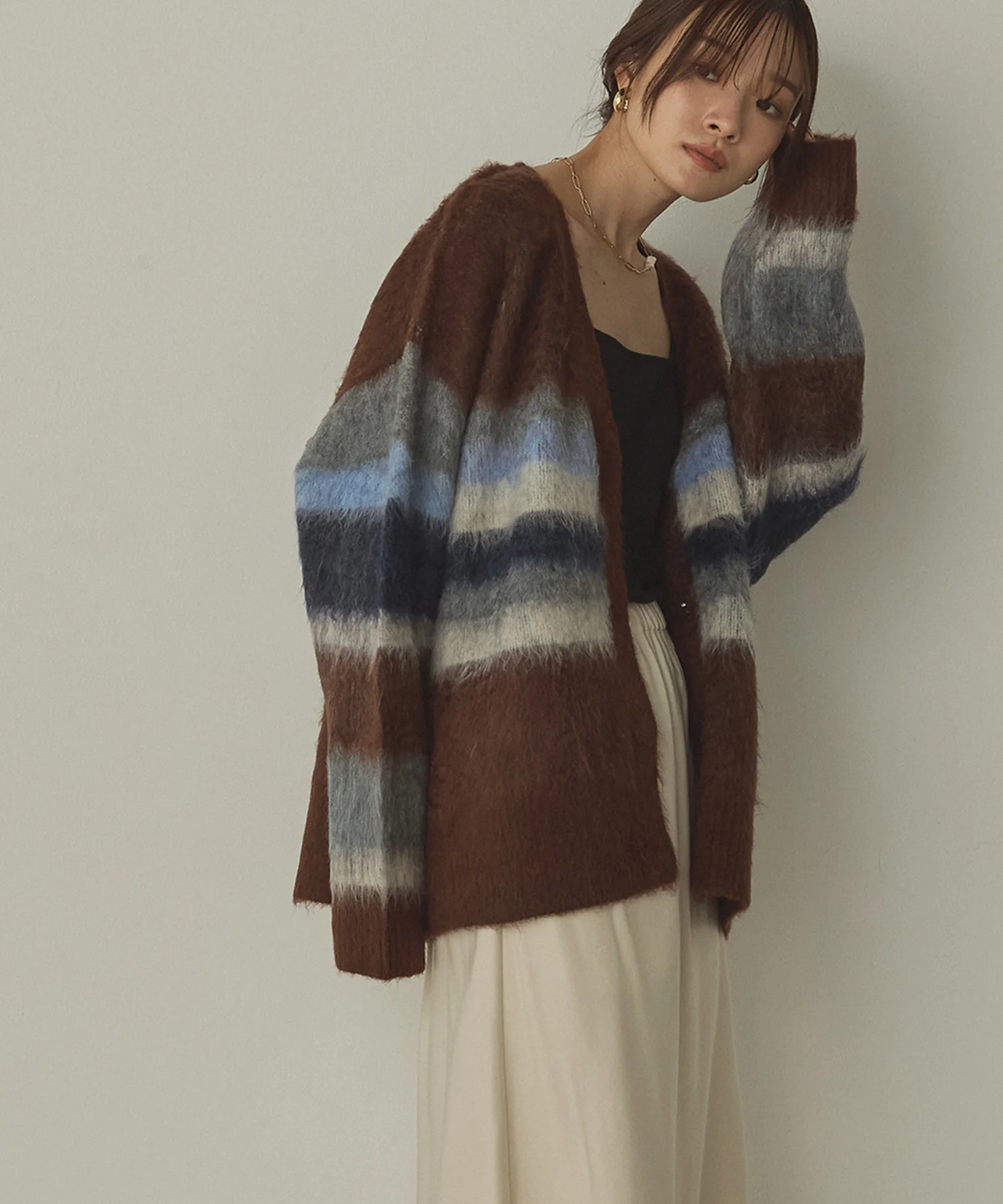 起毛シャギー ボーダーニットカーディガン