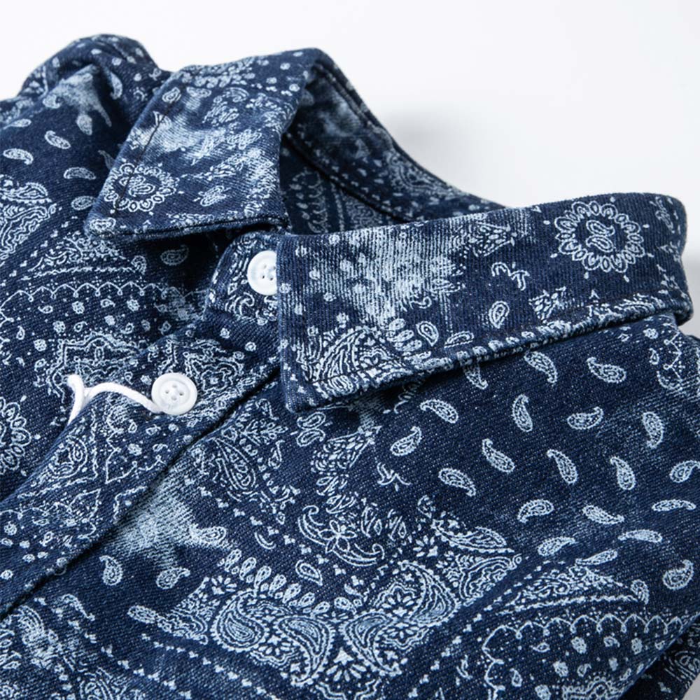 ソフトウォッシュドコットンデニムシャツ 　ペイズリー総柄プリント