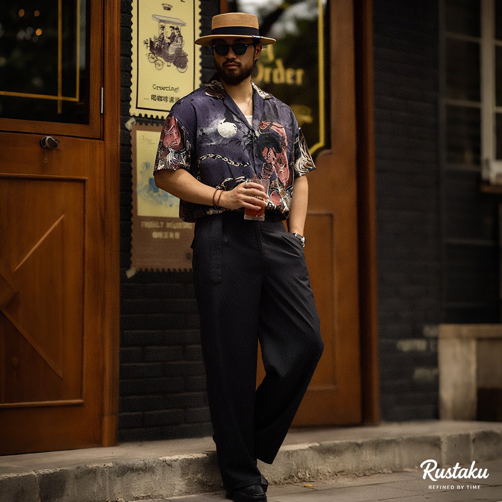 「水滸伝・武松の虎退治」浮世絵タッチ クールタッチキューバカラーシャツ半袖