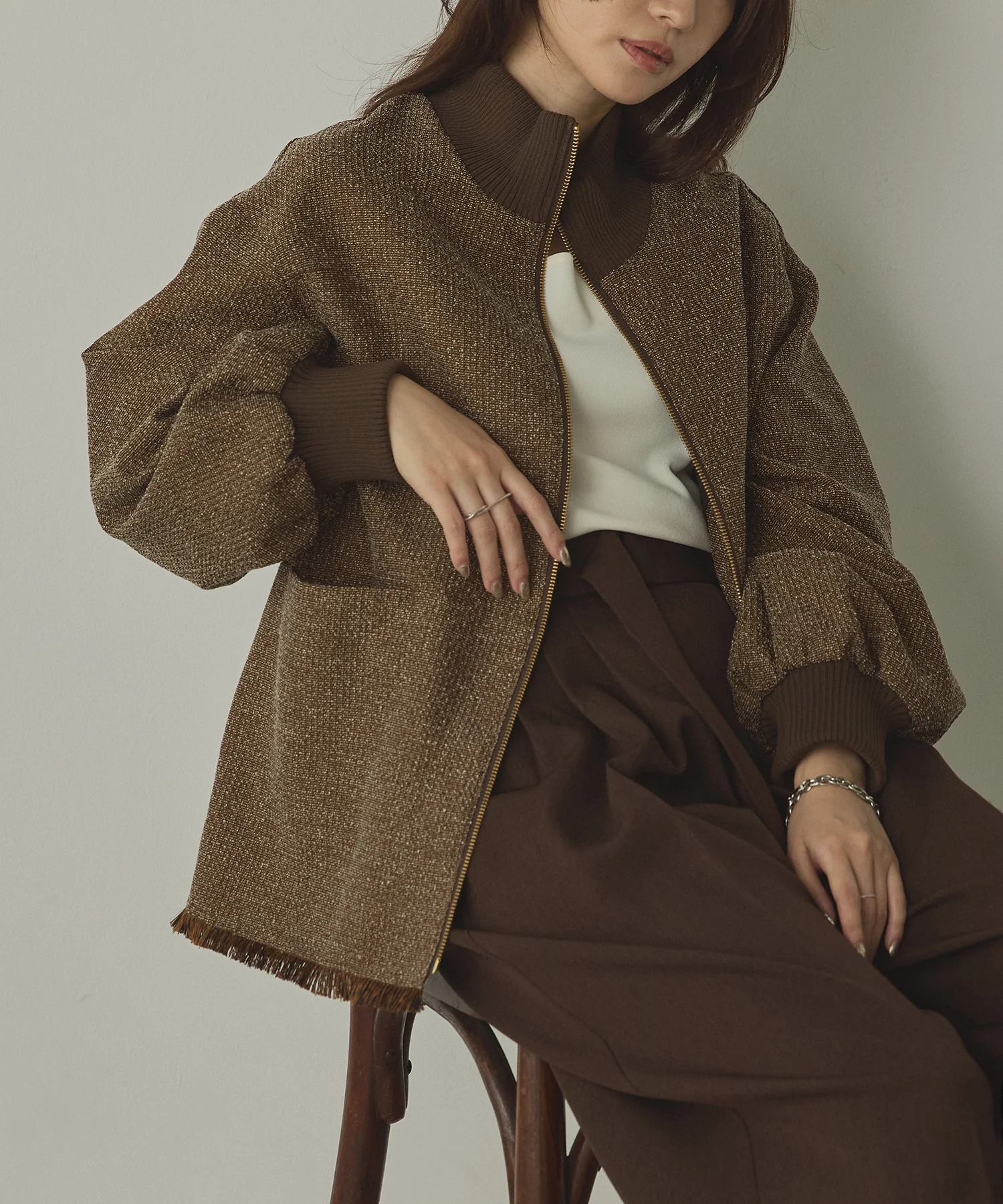スタンドカラー ツィードブルゾン