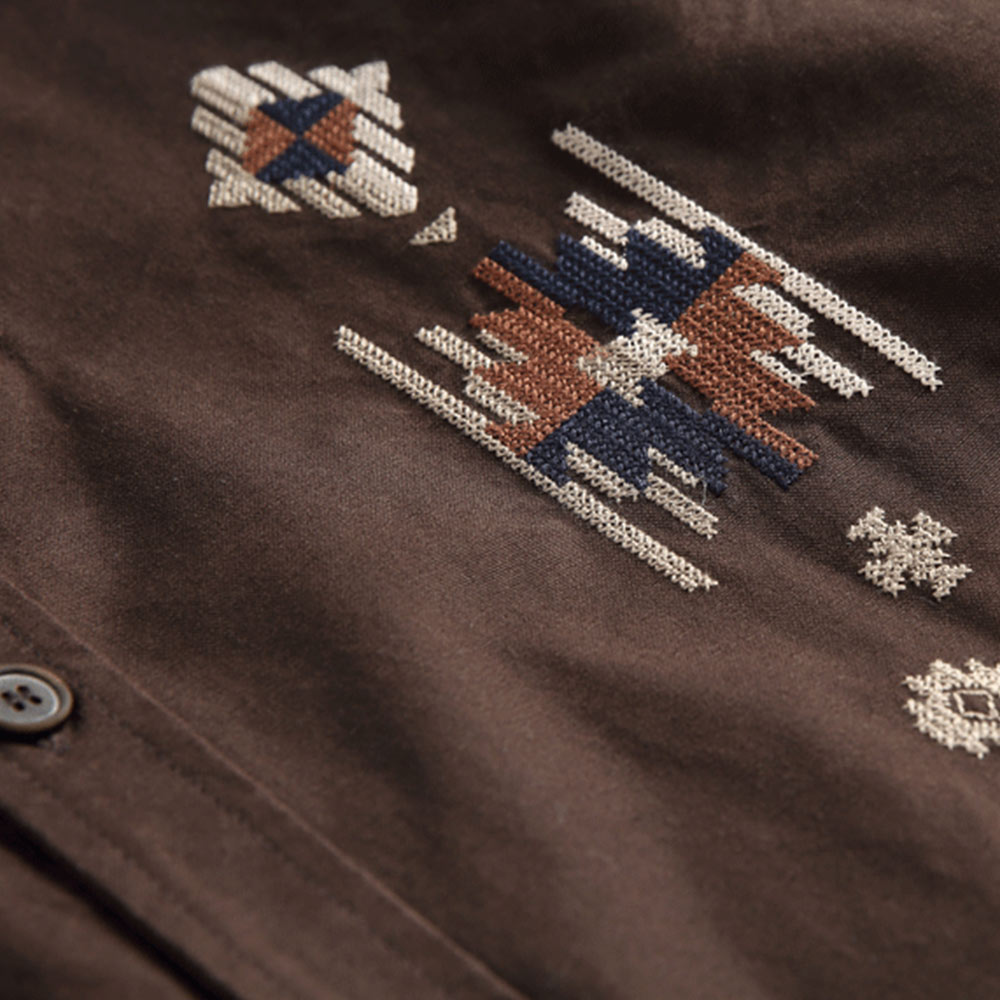 エスニック調ハンドメイドボタン　ペイズリークロスステッチ刺繍シャツ