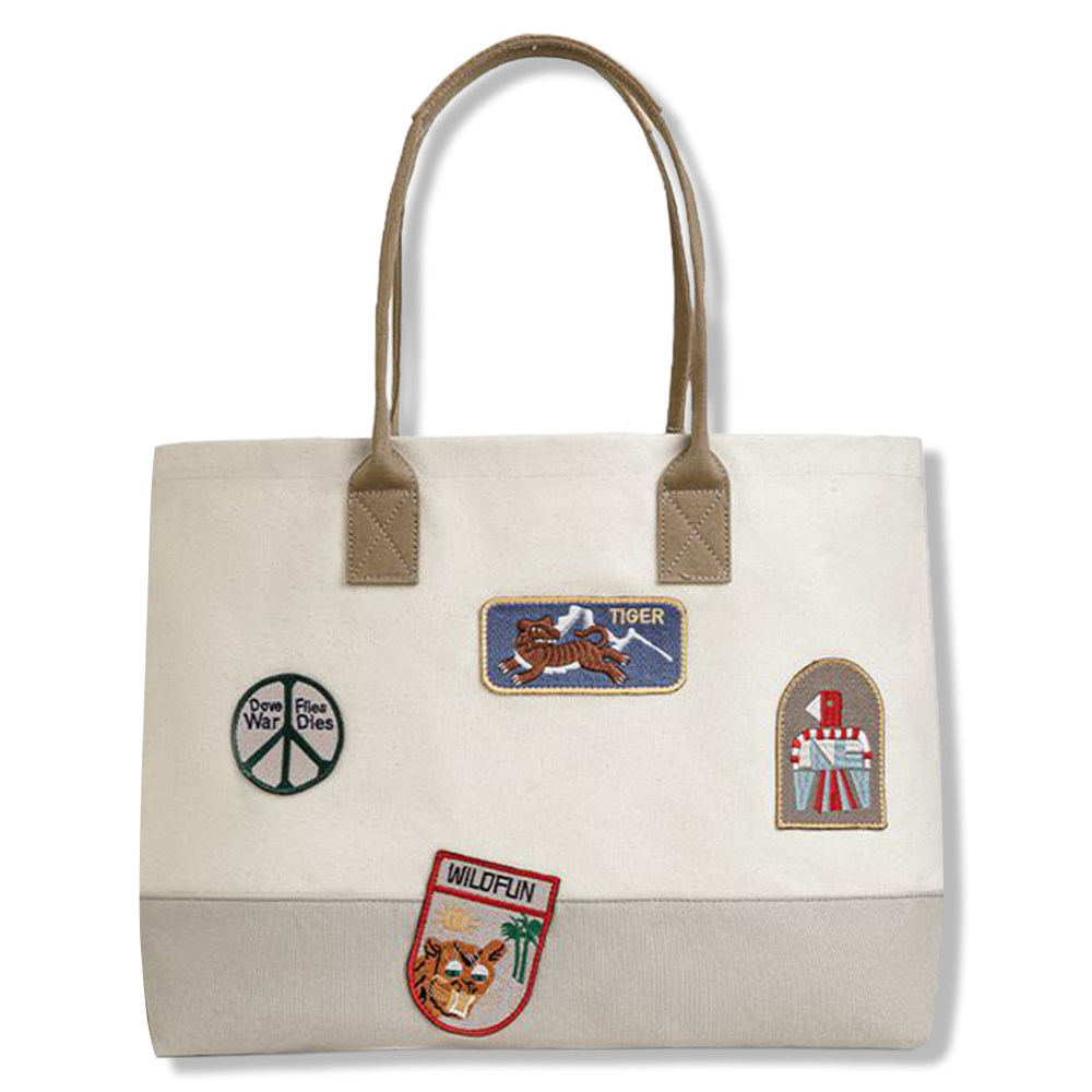 レトロ風刺繍ワッペン付き 　バイカラーキャンバストートバッグ