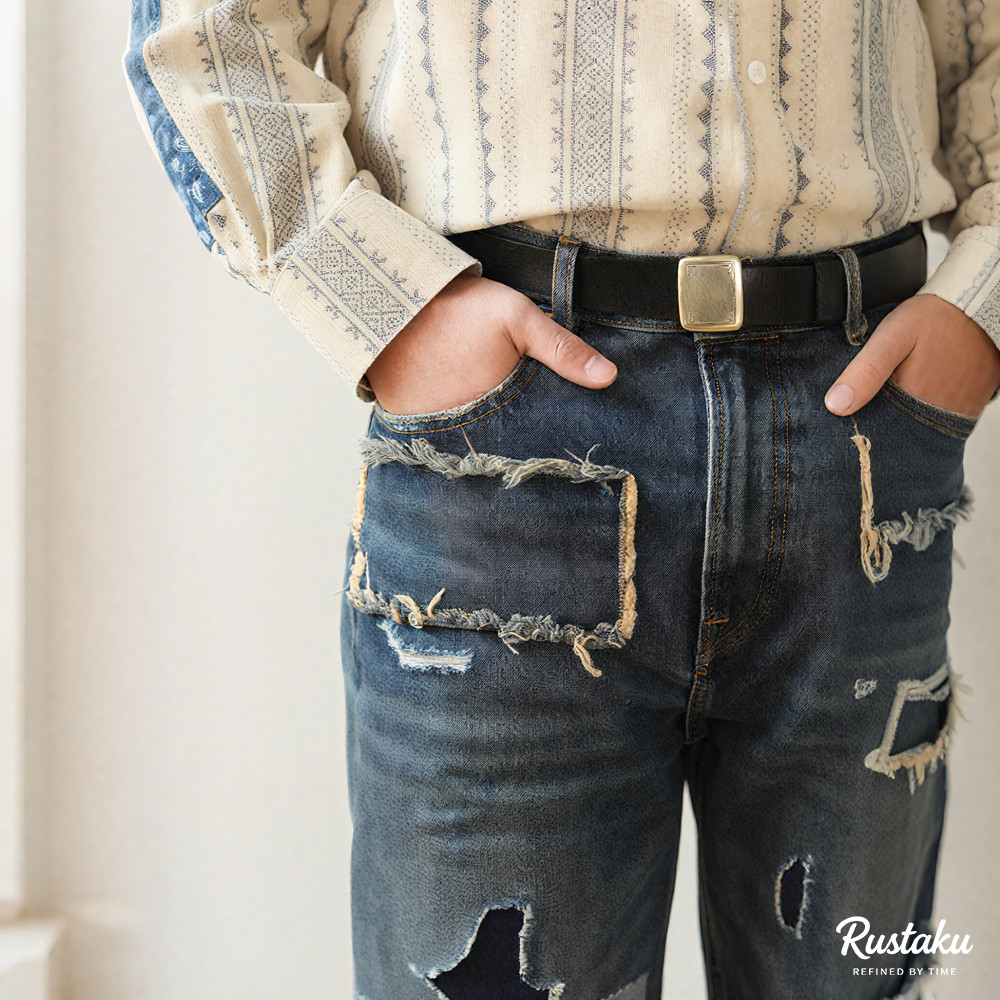 DIYクラフトダメージパッチワーク　ヘビーオンスセルビッジデニムパンツ